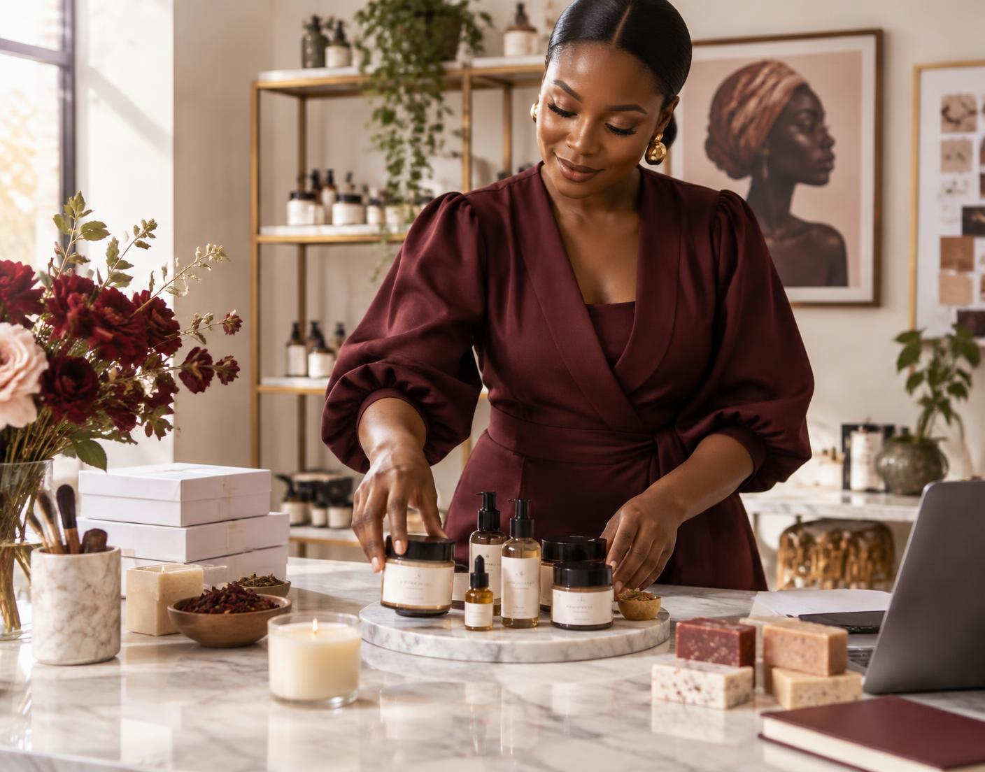 A Nigerian woman arranging her handmade beauty products in her studio